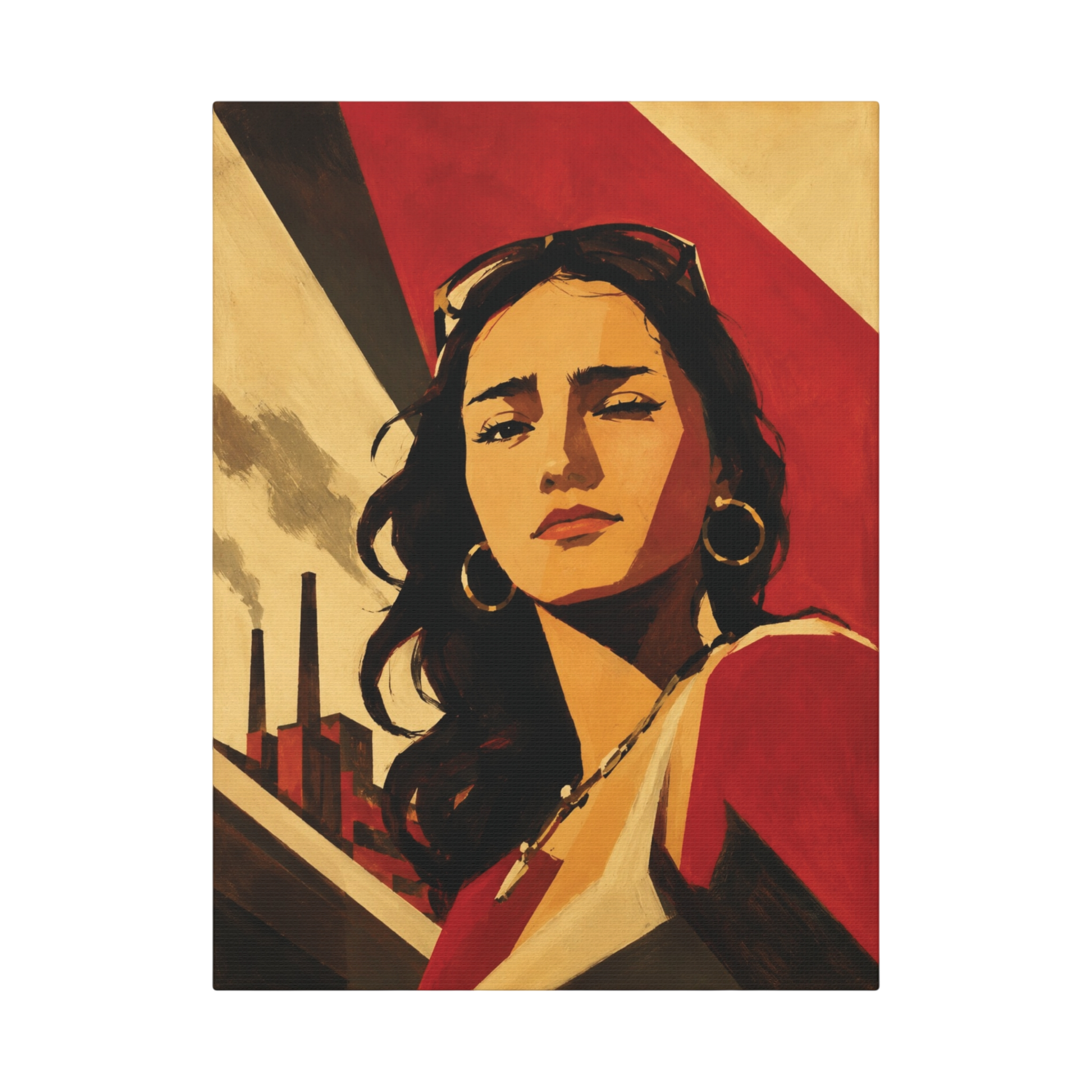 Stylized portrait artwork displayed on canvas