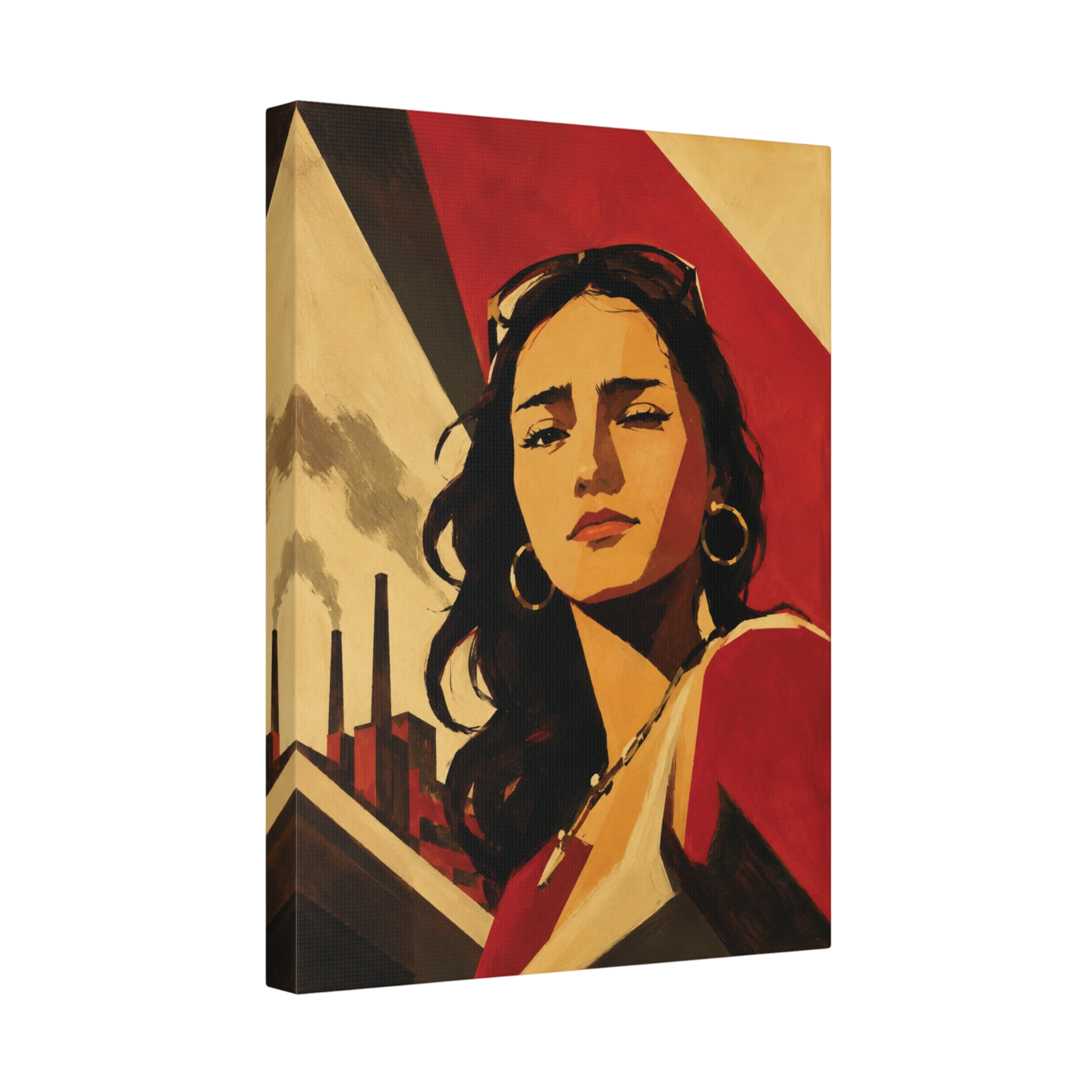 Stylized portrait artwork shown on a stretched canvas