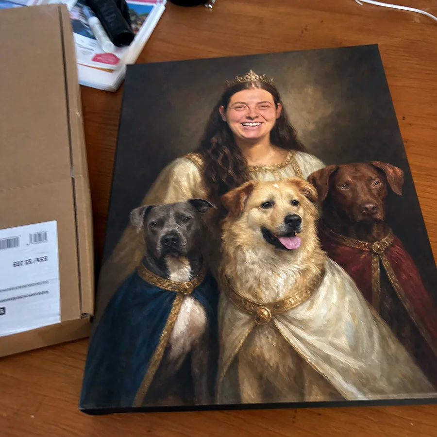 Freshly unpacked royal canvas portrait of a woman with three dogs
