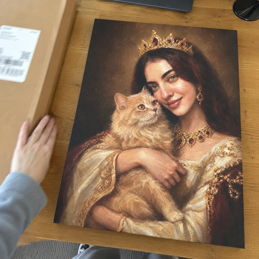 Unboxed royal canvas portrait of a woman holding her cat