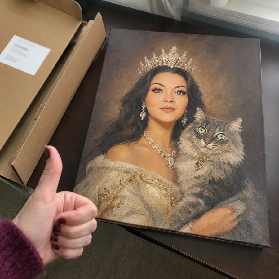 Unboxed royal canvas portrait of a woman and her cat