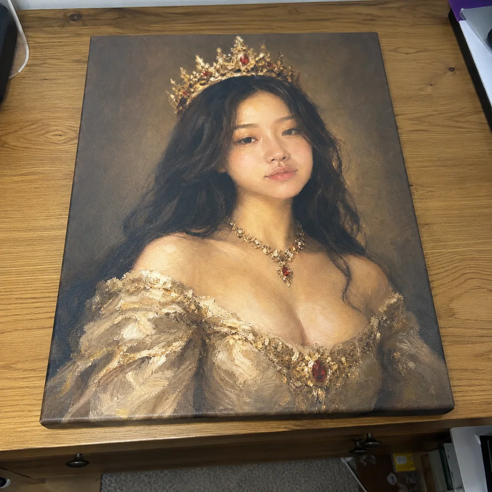 Finished royal portrait canvas in warm gold tones